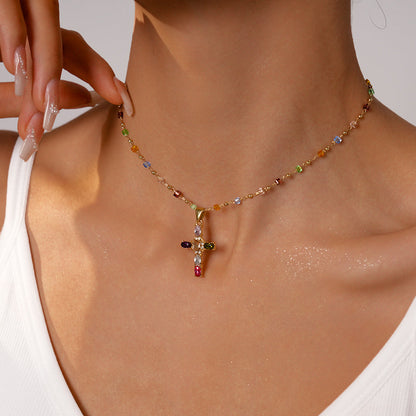 Dainty Colorful Gem Set Cross Necklace