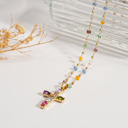 Dainty Colorful Gem Set Cross Necklace