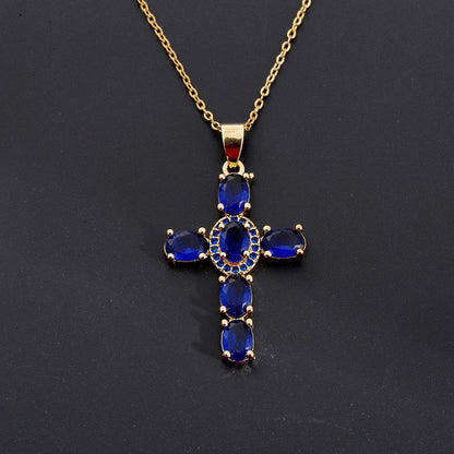 Dainty Colorful Gem Set Cross Necklace