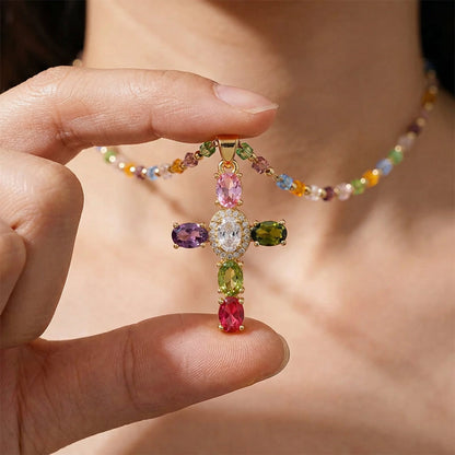 Dainty Colorful Gem Set Cross Necklace
