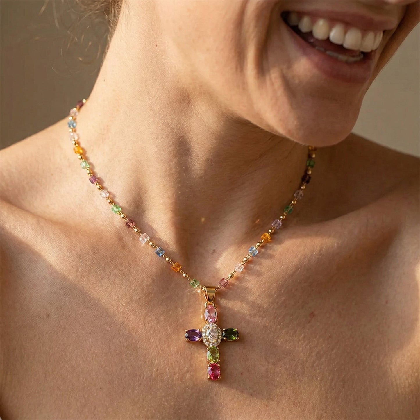 Dainty Colorful Gem Set Cross Necklace