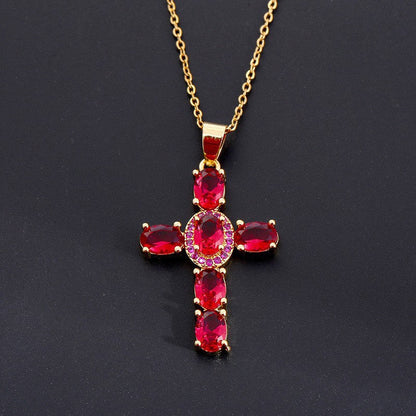 Dainty Colorful Gem Set Cross Necklace